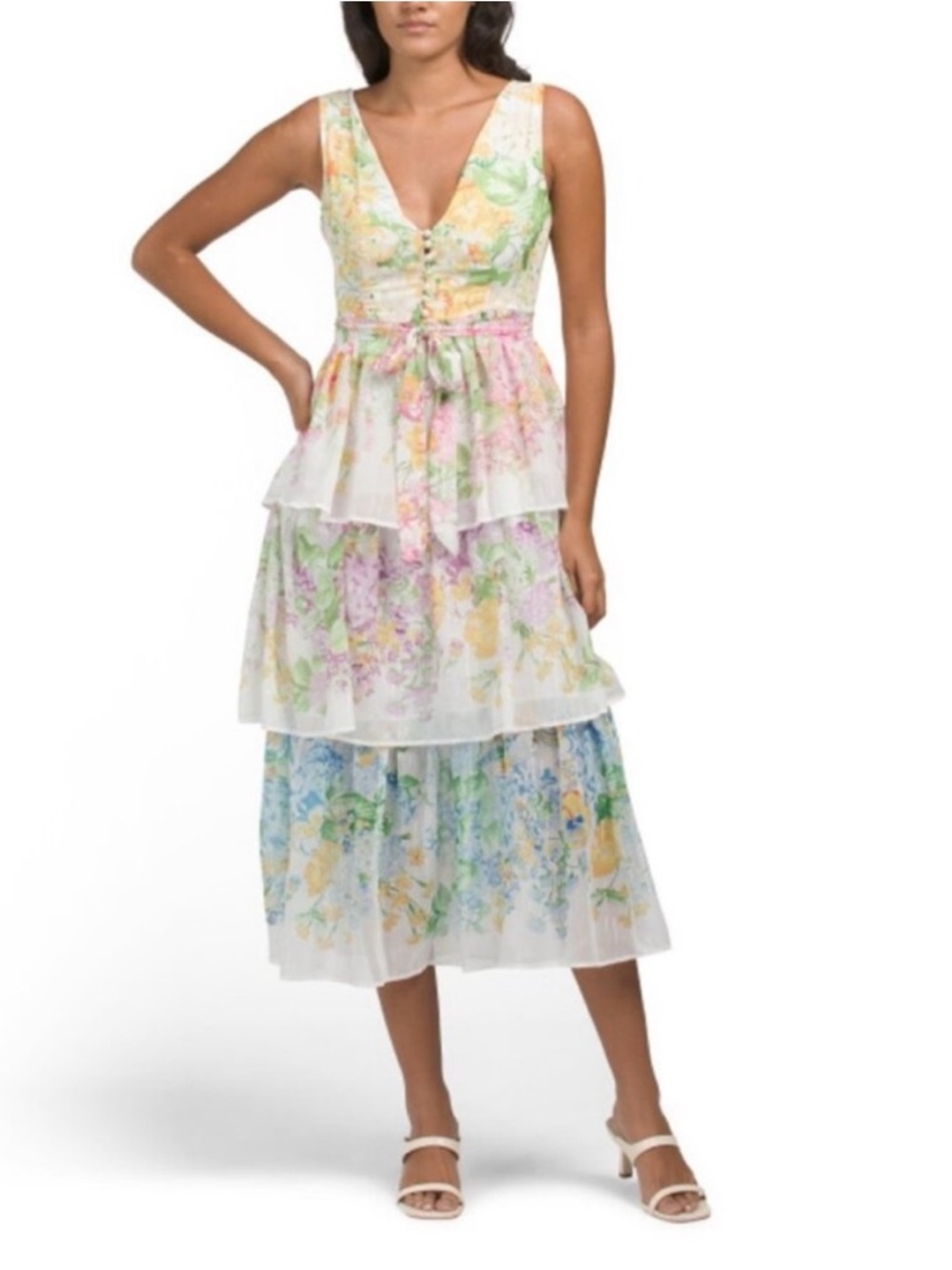 Dalia Macphee Pastel Floral & Metallic Tiered Chiffon Midi Dress